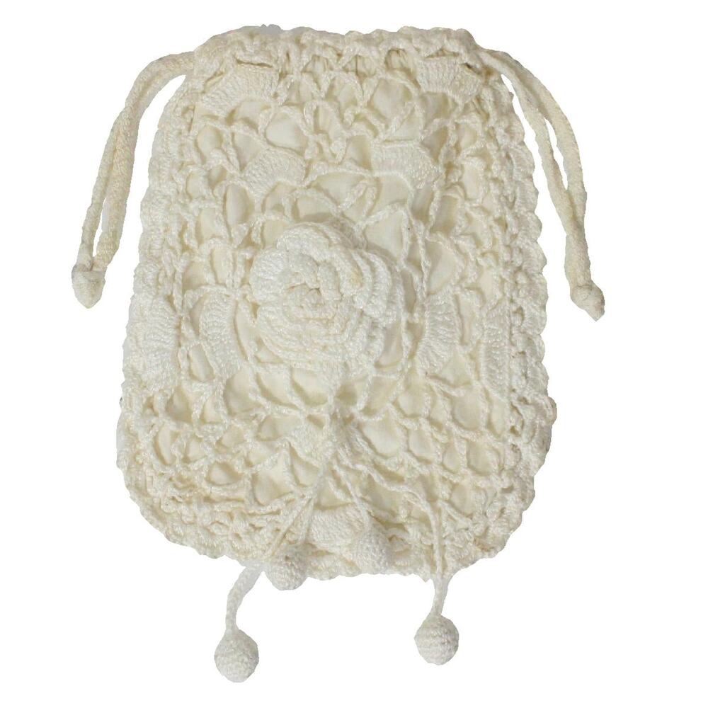 Vintage 60s White Crochet Drawstring Purse Rose Motif Pom Details